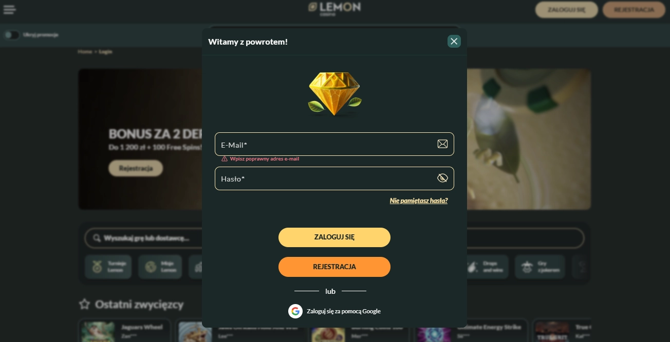 Dostępne sposoby logowania w Lemon Casino