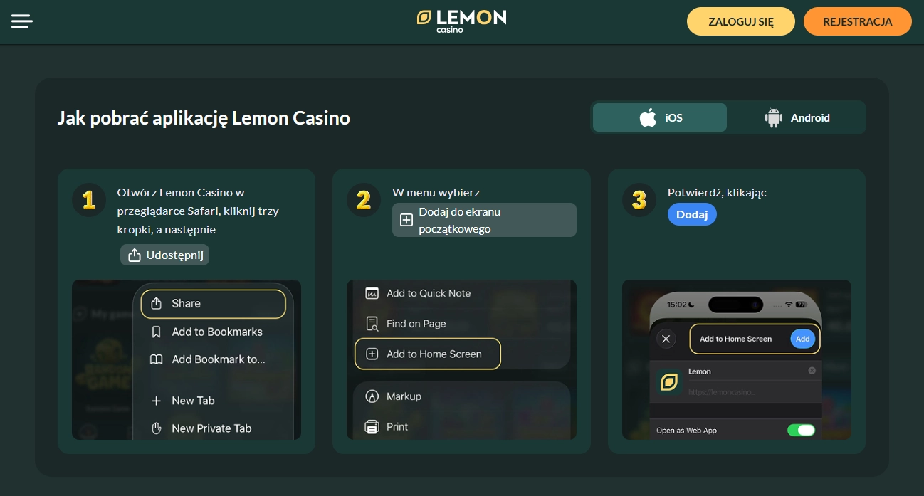 Aplikacja mobilna Lemon Casino online